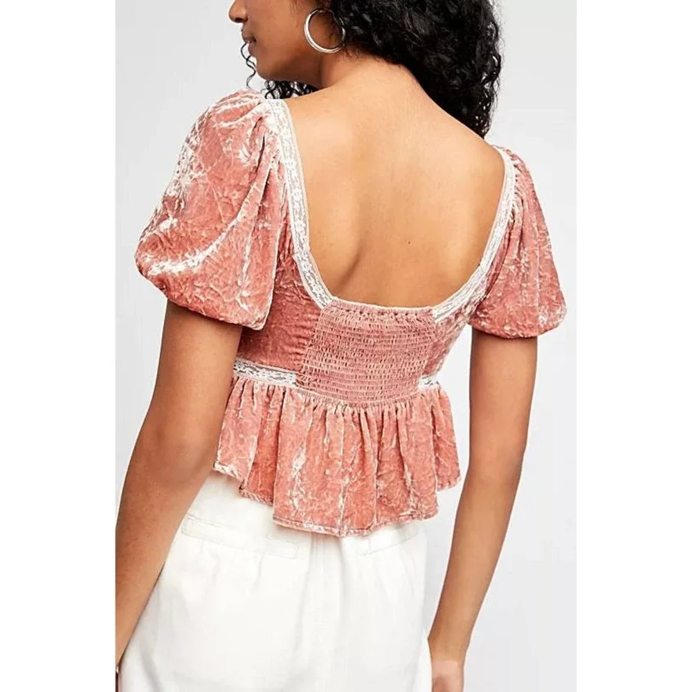 Free People Yours Truly Velvet Puff Sleeve Top Regency Empire Waist Sz S Pink